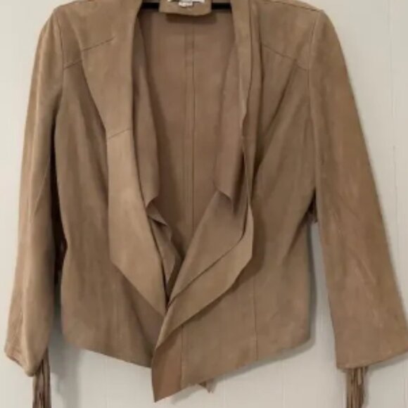 Lamarque Size 2 Fringe Arm Short Waist Drape Collar Leather Evening Coat - Picture 1 of 4